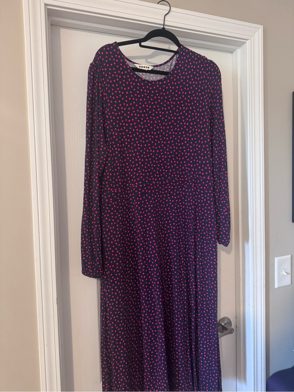 Boden Navy Long-Sleeve Maxi Dress with Pink Dot Print
